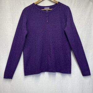 Laura Scott Cable Knit Henley Neck Pullover Sweater Women Size XL Purple Stretch